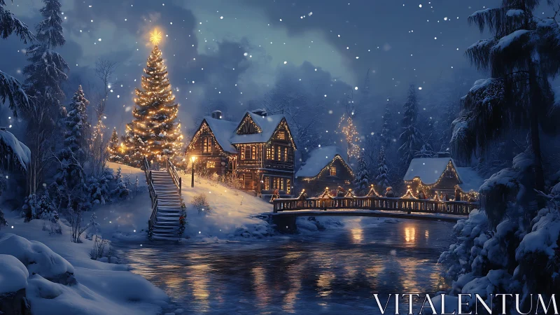 Snowy riverside village with illuminated Christmas tree.