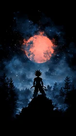 Spiky haired warrior silhouette under red moon sky.