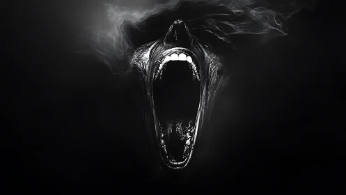 Haunting smoky scream emerging from deep shadowed darkness.