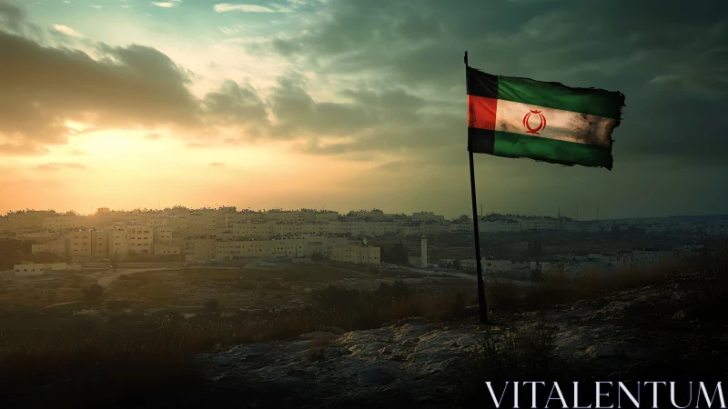 Weathered tricolor flag on hillside overlooking dense urban sprawl