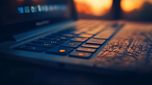 Backlit laptop keyboard in warm sunset bokeh focus.
