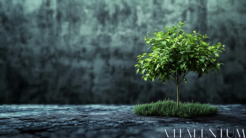 Isolated ornamental tree on cracked stone ground, moody lighting