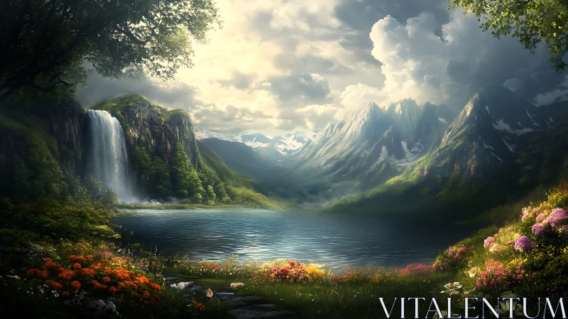 Mountain lake with waterfall and dense floral foreground.
