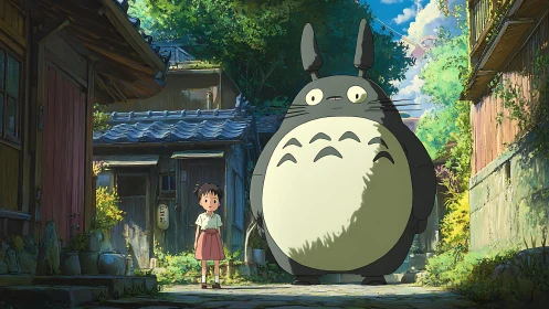 Child and forest spirit in sunlit hand-drawn alleyway scene.