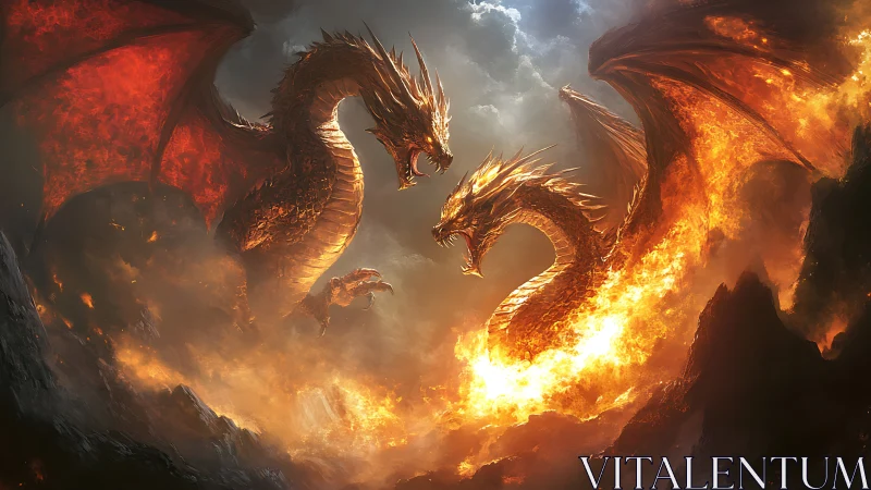 Two large fire dragons confront each other above lava fields