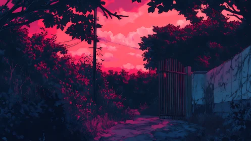 Twilight garden gate opening onto a dreamy neon sunset path.