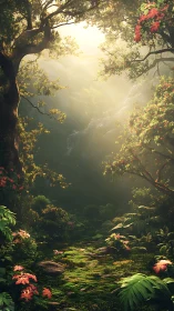 Luminous Forest Gateway: Where Ancient Trees Frame Ethereal Light.