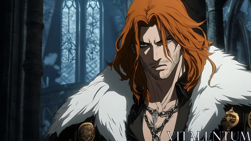 Red-haired warrior glares inside ruined gothic hall interior.