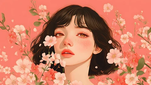 Young woman framed by coral blossoms gazes softly forward