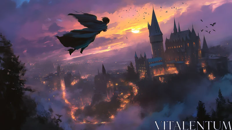 Cloaked sorcerer soaring above twilight-lit fantasy citadel.