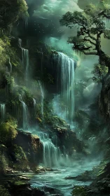 Misty emerald waterfalls cascading through a hidden forest.