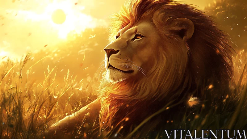 Lion lies in tall grass under intense golden sunset light