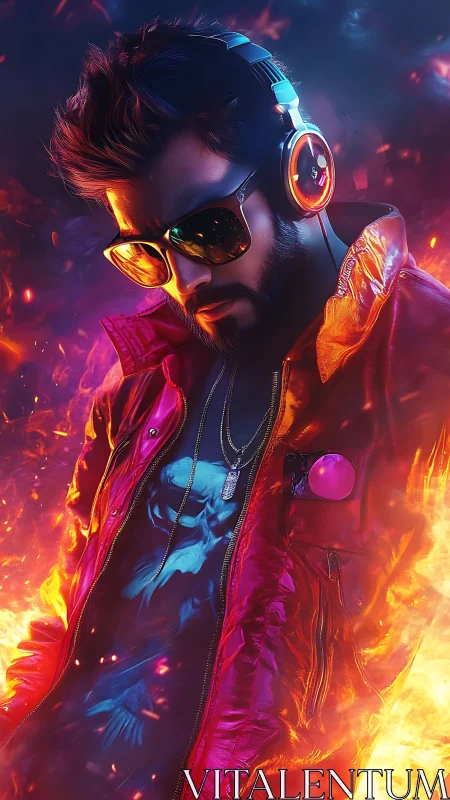 Headphoned man in neon jacket amid stylized flames.