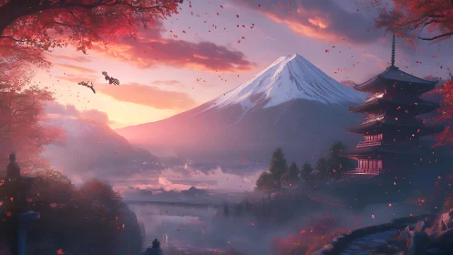 Sunrise illuminates snow peak over temple and autumn valley