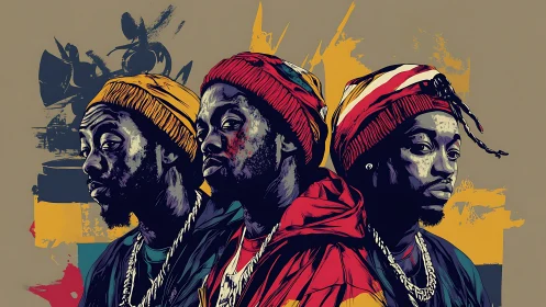 Urban hip hop trio portrait in bold graphic street style.