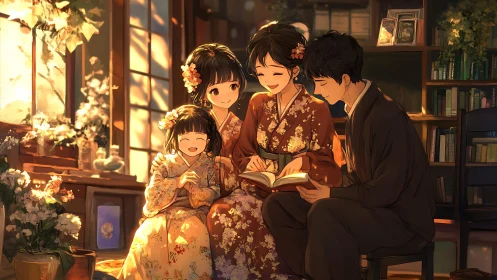 Golden afternoon family reading together in gentle harmony