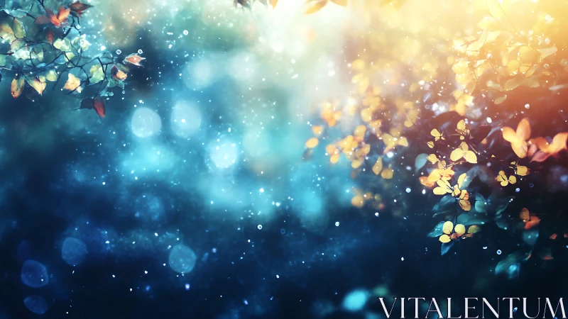 Dreamy bokeh leaves drift through glowing twilight haze
