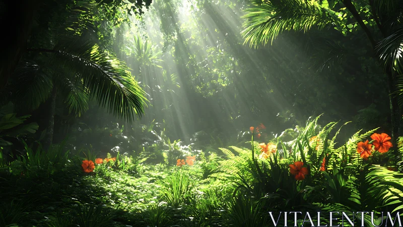 Sunlit tropical understory with dense foliage and flowers.
