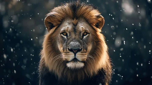 Male lion stands frontally under falling snowflakes