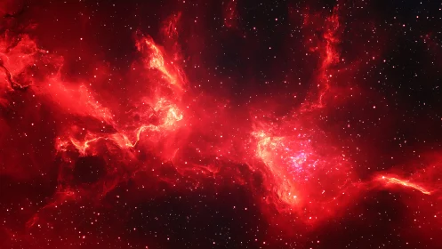 Glowing red nebula swirling gently through silent starlight.