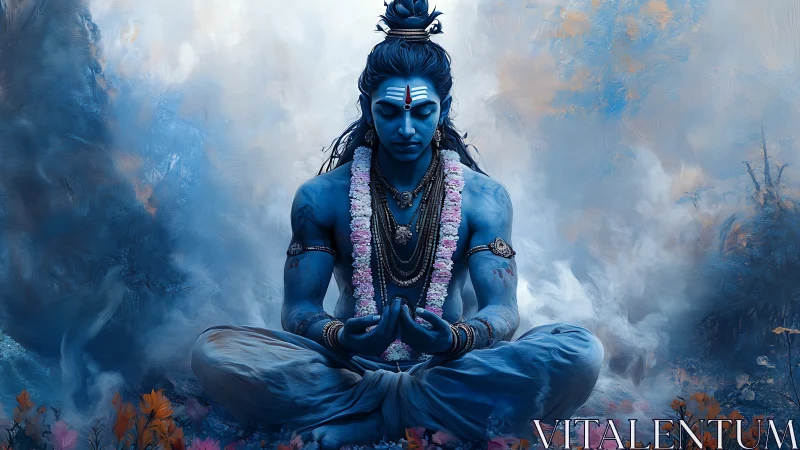 Blue meditative deity in stylized digital landscape.