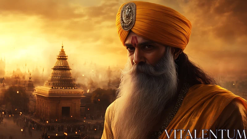 Elderly robed man before golden temple at sunset scene.