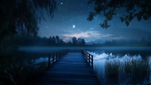Moonlit wooden pier extends into misty reflective night lake