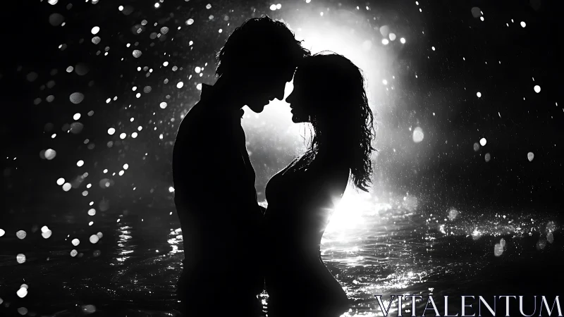 Silhouetted couple embracing in rain with bokeh light.