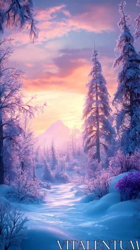 Snow covered forest valley leads toward distant mountain