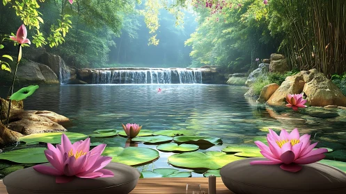 Lotus cushions quietly listen as a forest waterfall whispers