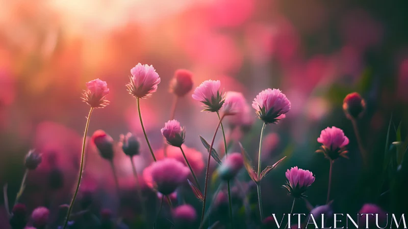 Pink Clover Blooms Dancing in Warm Sunset Glow.