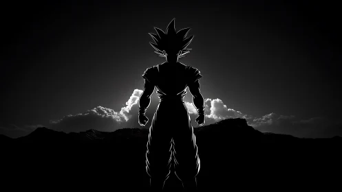 Silhouetted spiky haired warrior facing bright distant clouds.