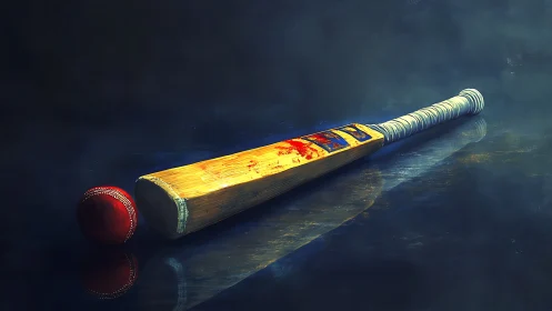 Weathered cricket bat and ball on reflective dark ground.