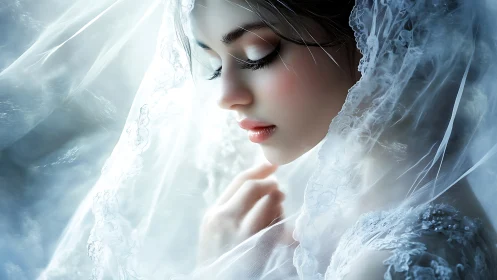 Veiled daydream bride bathed in soft celestial whisperlight.