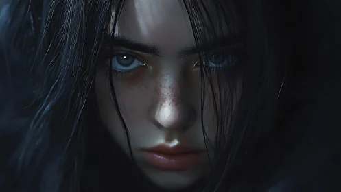 Haunting blue-eyed girl stares through shadows in silence.