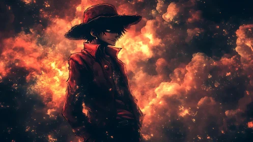 Lone ember wanderer wrapped in stormy cosmic firelight.