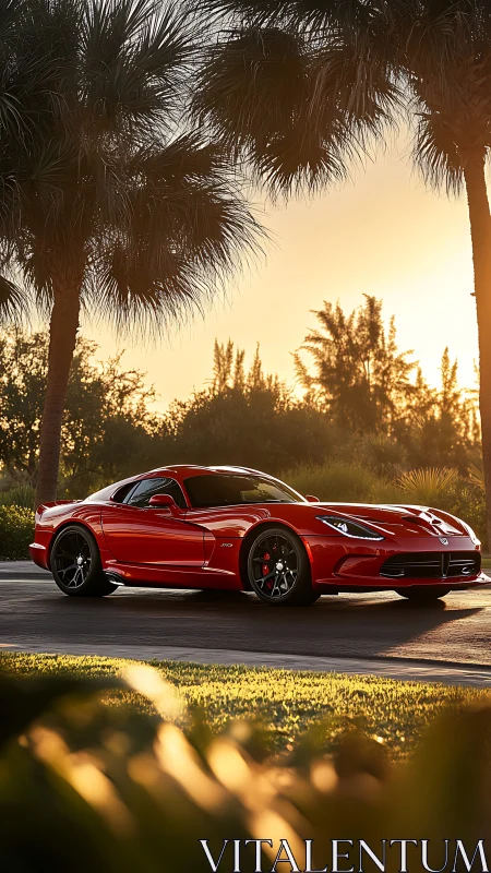 Aerodynamic red supercar under palm-framed sunset illumination.