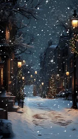 Snowy night street with warm lamps and holiday decor.