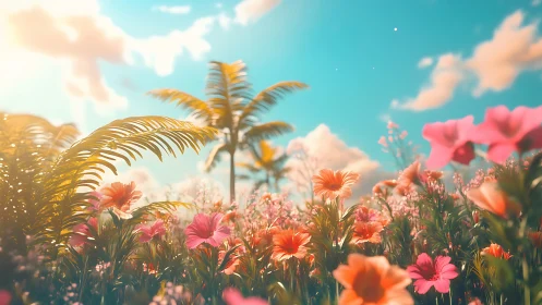 Dreamy Bloom Symphony: Tropical Flowers Swaying in Golden Light.