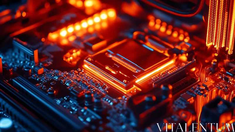 Glowing CPU socket on illuminated high-tech motherboard.