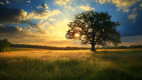 Solitary tree anchors golden meadow at radiant sunset.