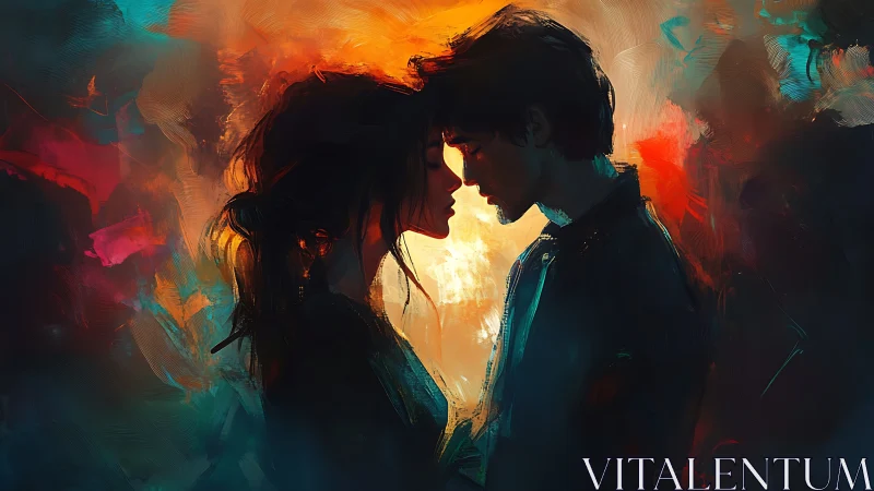 Two Figures in Silhouette: Intimate Moment Against Fiery Background.