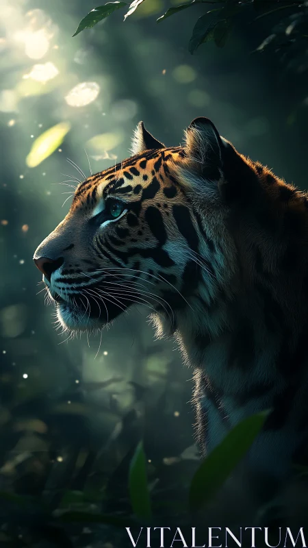 Sunlit tiger pauses softly in a tranquil emerald jungle