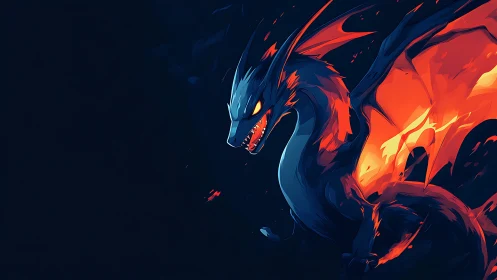 Stylized blue and orange dragon rendered on dark background