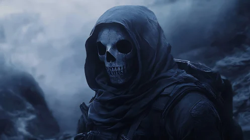 Tactical skull-masked operative in foggy blue battlefield