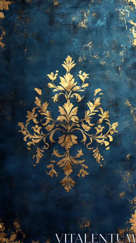 Ornate gold damask motif over distressed midnight blue field.