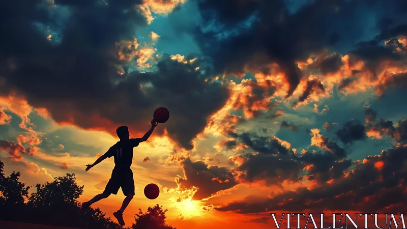 Silhouetted basketball player jumps against blazing sunset sky