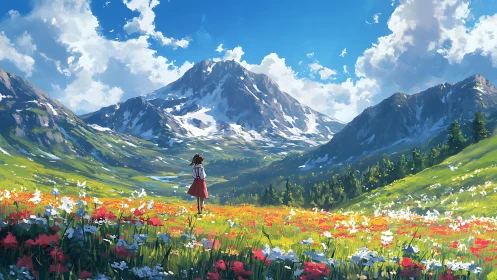 Solitary figure in alpine wildflower meadow before sunlit peaks.