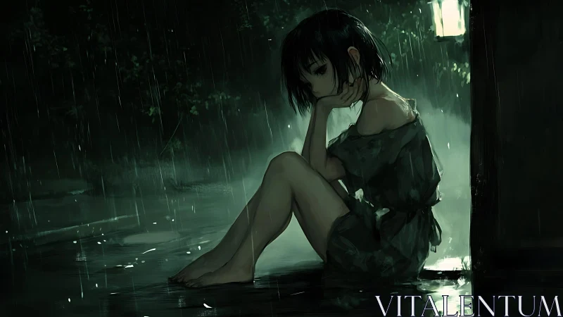 Solitary girl in rainlit doorway, contemplative night mood.