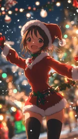 Smiling anime girl in Santa outfit at night festival.